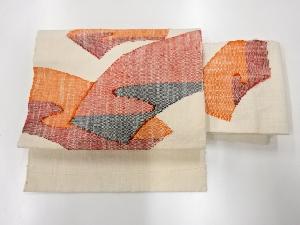 リサイクル　手織り真綿紬地紙模様織出し作り帯